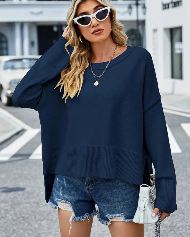 High - Low Slit Round Neck Long Sleeve Sweater - Trendsi