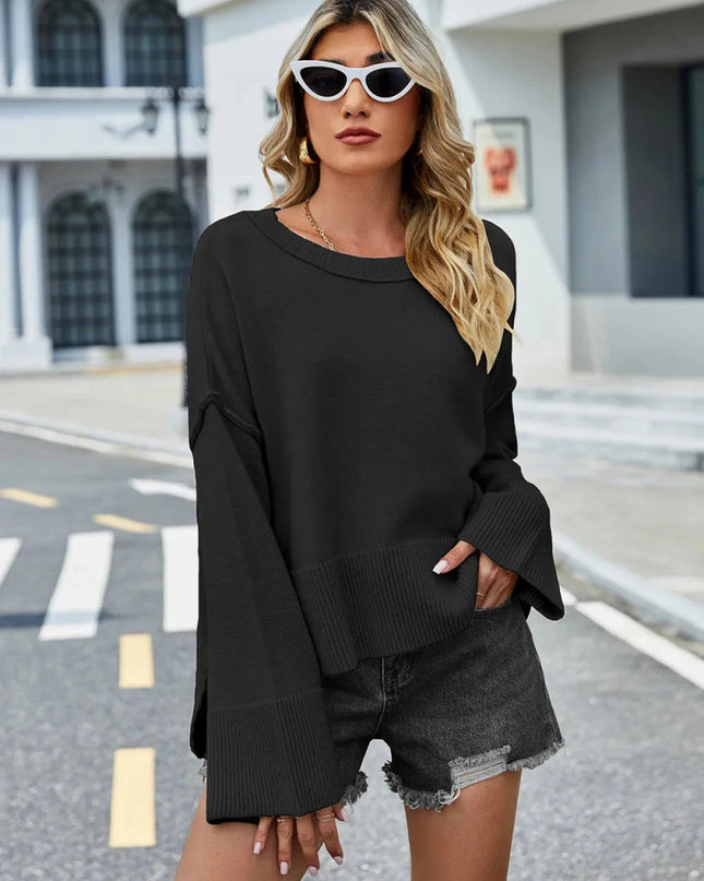 High - Low Slit Round Neck Long Sleeve Sweater - Trendsi