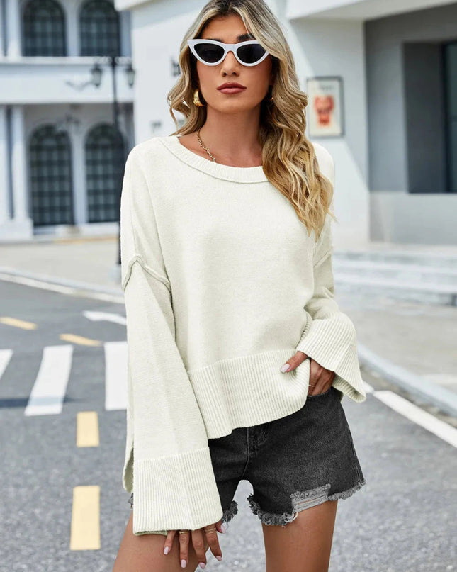 High - Low Slit Round Neck Long Sleeve Sweater - Trendsi