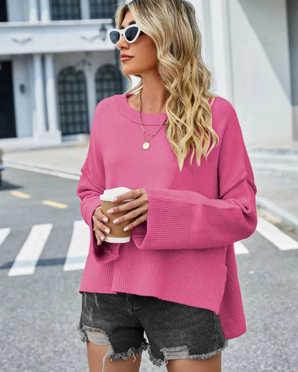 High - Low Slit Round Neck Long Sleeve Sweater - Trendsi