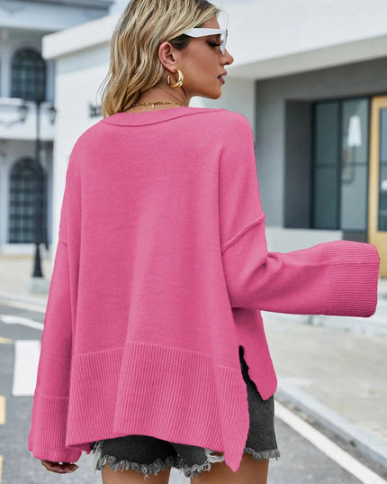 High - Low Slit Round Neck Long Sleeve Sweater - Trendsi