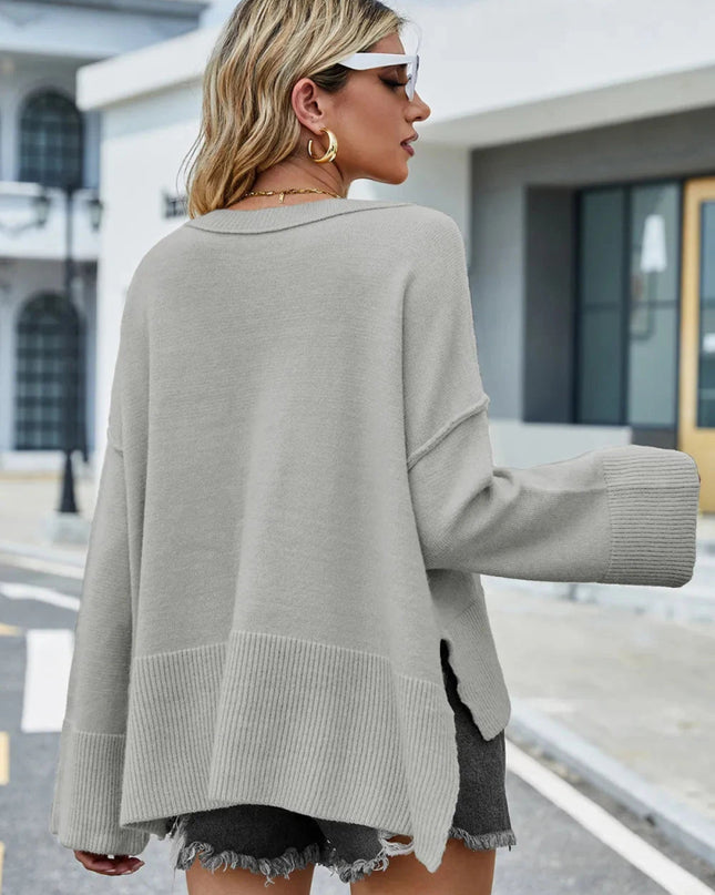 High - Low Slit Round Neck Long Sleeve Sweater - Trendsi