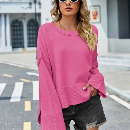 High - Low Slit Round Neck Long Sleeve Sweater - Trendsi