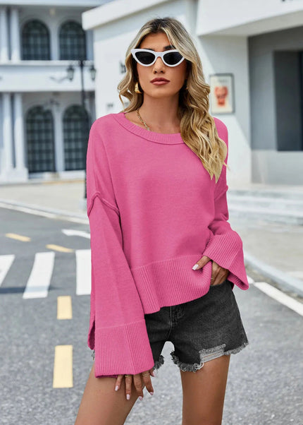 High - Low Slit Round Neck Long Sleeve Sweater - Trendsi