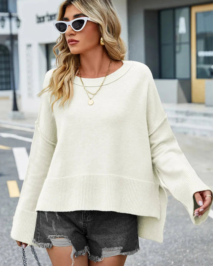 High - Low Slit Round Neck Long Sleeve Sweater - Trendsi