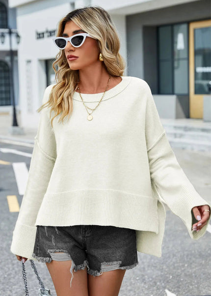 High - Low Slit Round Neck Long Sleeve Sweater - Trendsi