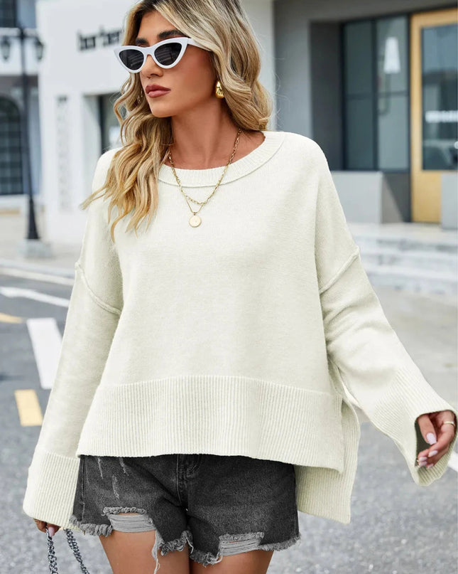 High - Low Slit Round Neck Long Sleeve Sweater - Trendsi