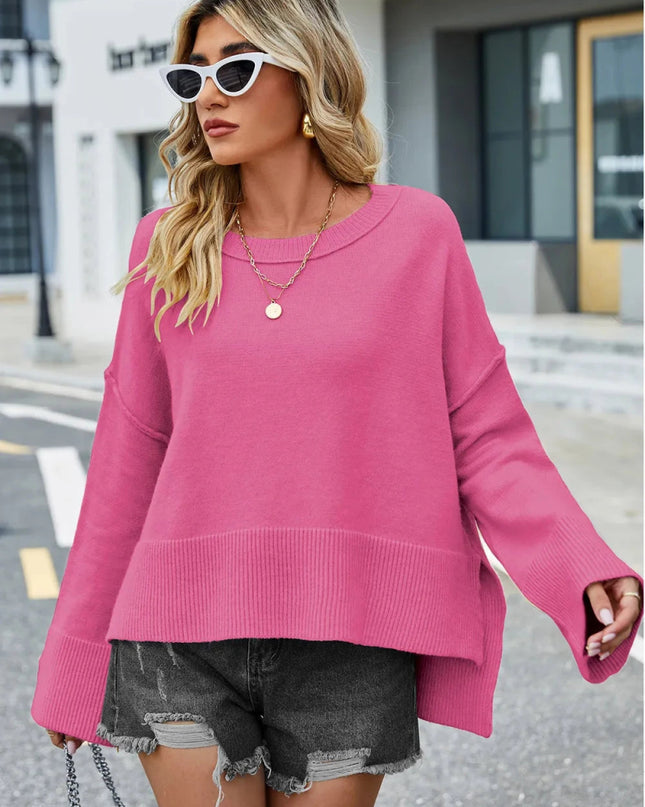 High - Low Slit Round Neck Long Sleeve Sweater - Trendsi