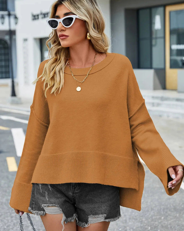 High - Low Slit Round Neck Long Sleeve Sweater - Trendsi