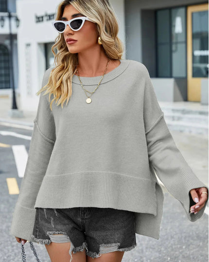 High - Low Slit Round Neck Long Sleeve Sweater - Trendsi