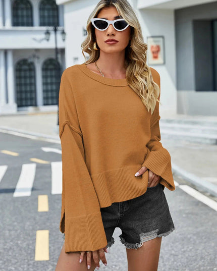 High - Low Slit Round Neck Long Sleeve Sweater - Trendsi