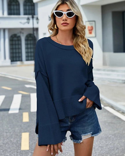 High - Low Slit Round Neck Long Sleeve Sweater - Trendsi