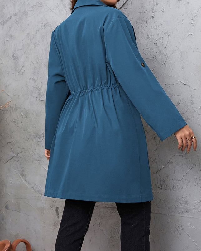 Honey Plus Size Lapel Collar Drawstring Roll - Tab Sleeve Trench Coat - Trendsi