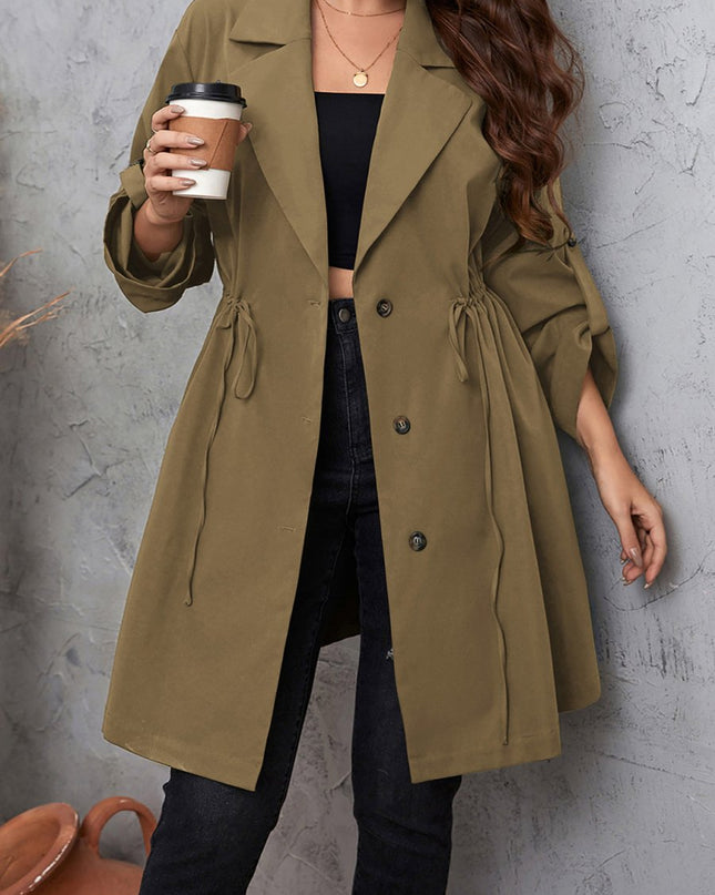 Honey Plus Size Lapel Collar Drawstring Roll - Tab Sleeve Trench Coat - Trendsi