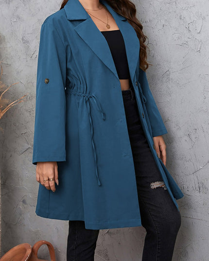 Honey Plus Size Lapel Collar Drawstring Roll - Tab Sleeve Trench Coat - Trendsi