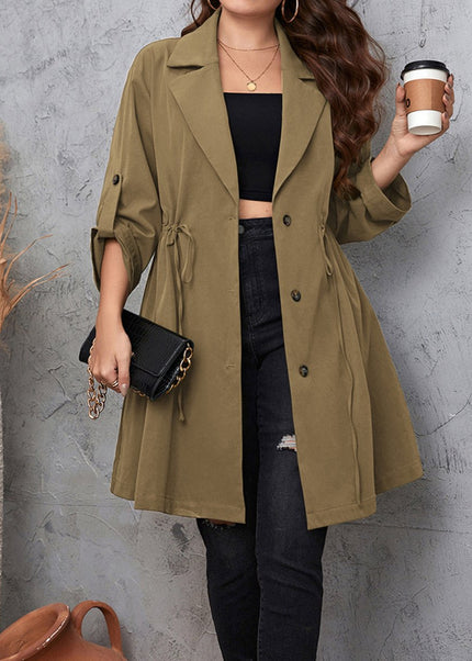 Honey Plus Size Lapel Collar Drawstring Roll - Tab Sleeve Trench Coat - Trendsi
