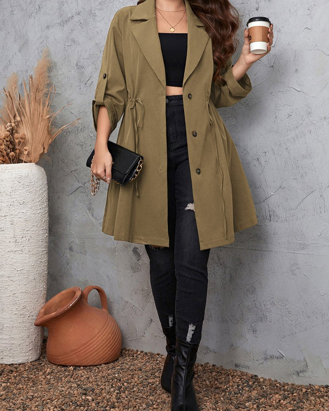 Honey Plus Size Lapel Collar Drawstring Roll - Tab Sleeve Trench Coat - Trendsi