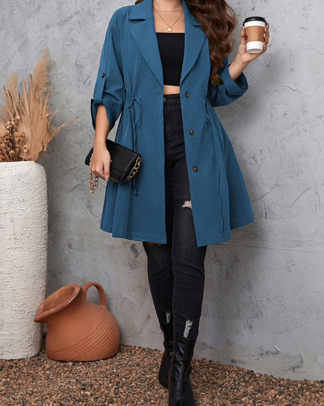Honey Plus Size Lapel Collar Drawstring Roll - Tab Sleeve Trench Coat - Trendsi