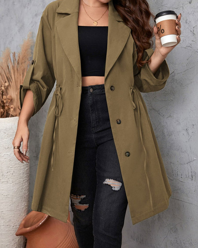 Honey Plus Size Lapel Collar Drawstring Roll - Tab Sleeve Trench Coat - Trendsi