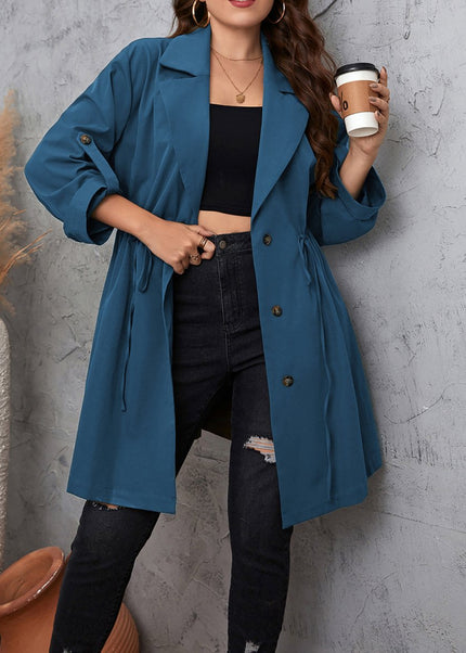 Honey Plus Size Lapel Collar Drawstring Roll - Tab Sleeve Trench Coat - Trendsi