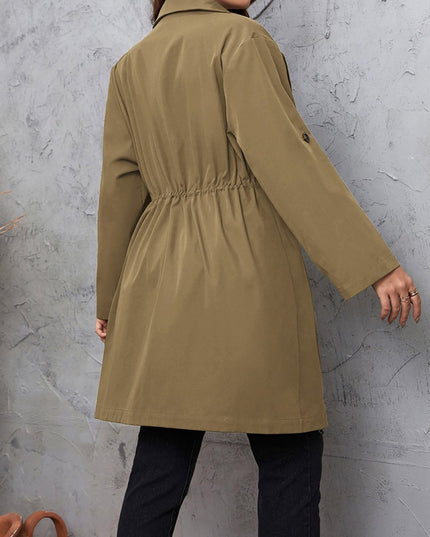 Honey Plus Size Lapel Collar Drawstring Roll - Tab Sleeve Trench Coat - Trendsi