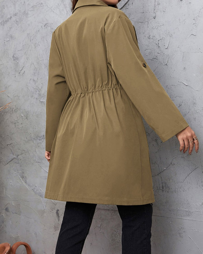 Honey Plus Size Lapel Collar Drawstring Roll - Tab Sleeve Trench Coat - Trendsi