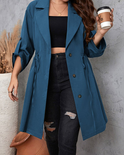 Honey Plus Size Lapel Collar Drawstring Roll - Tab Sleeve Trench Coat - Trendsi