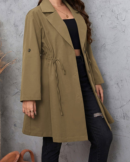 Honey Plus Size Lapel Collar Drawstring Roll - Tab Sleeve Trench Coat - Trendsi