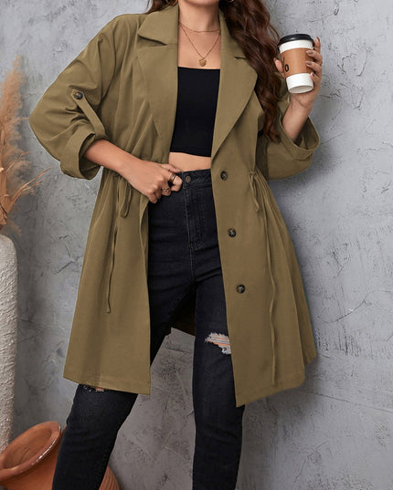 Honey Plus Size Lapel Collar Drawstring Roll - Tab Sleeve Trench Coat - Trendsi