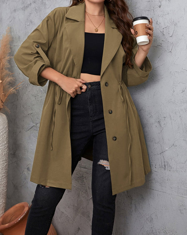 Honey Plus Size Lapel Collar Drawstring Roll - Tab Sleeve Trench Coat - Trendsi