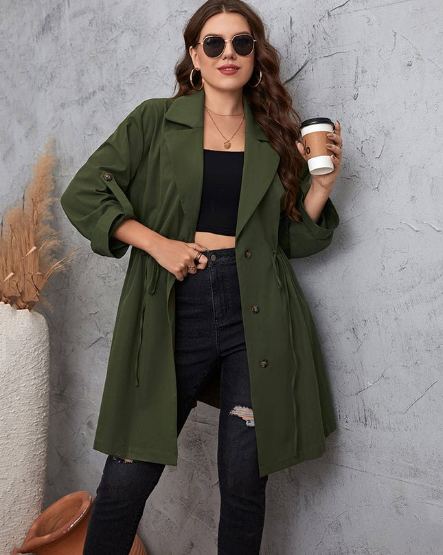 Honey Plus Size Lapel Collar Roll - Tab Sleeve Trench Coat - Trendsi