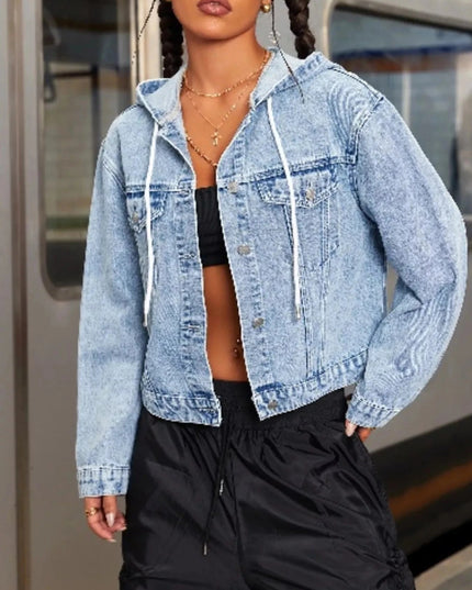 Hooded Drawstring Cropped Denim Jacket - Trendsi