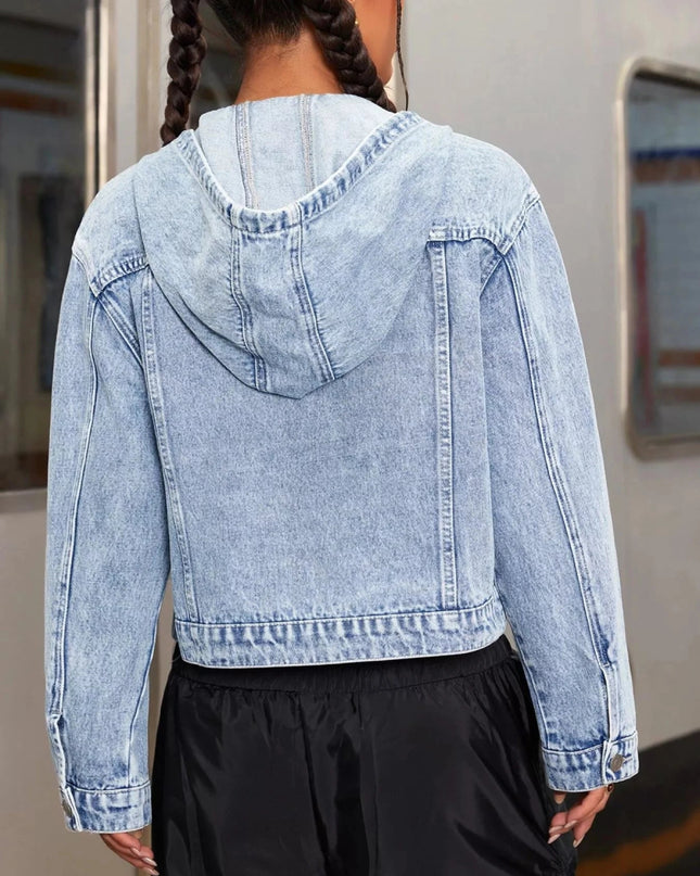 Hooded Drawstring Cropped Denim Jacket - Trendsi