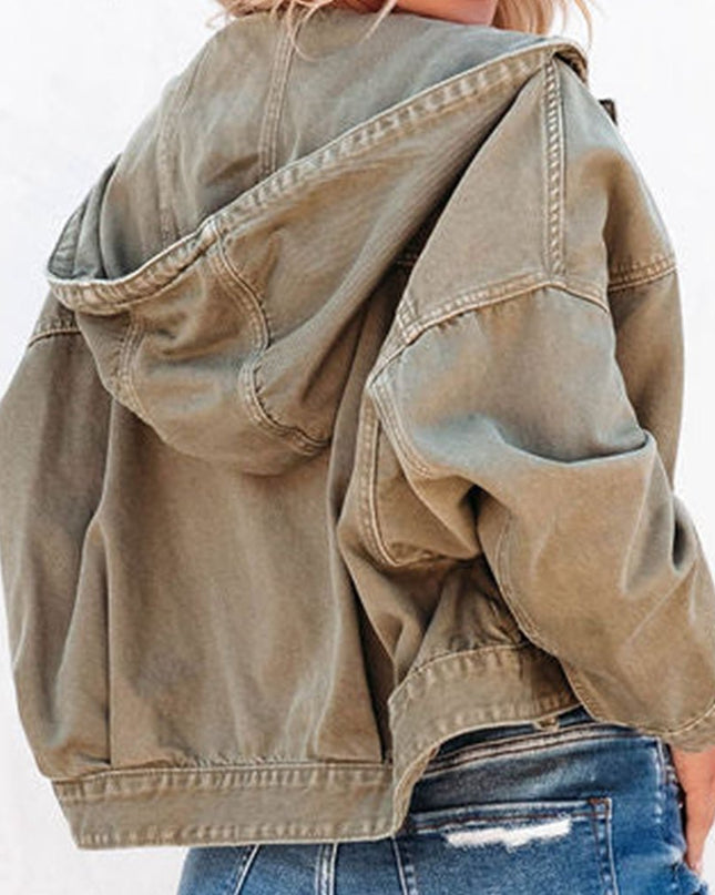 Hooded Dropped Shoulder Denim Jacket - Trendsi
