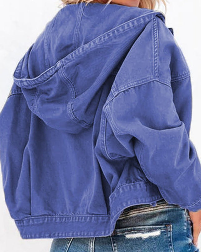 Hooded Dropped Shoulder Denim Jacket - Trendsi