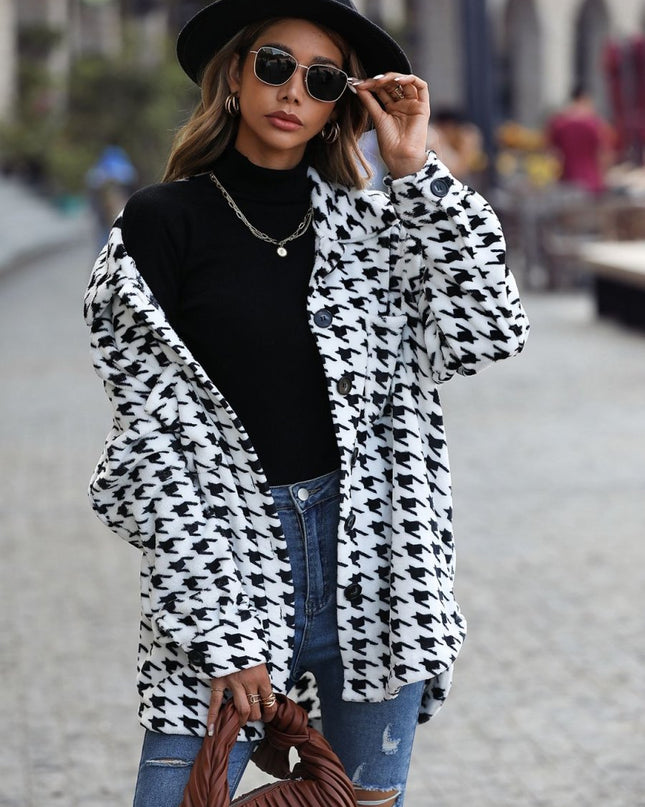 Houndstooth Button Down Jacket - Trendsi