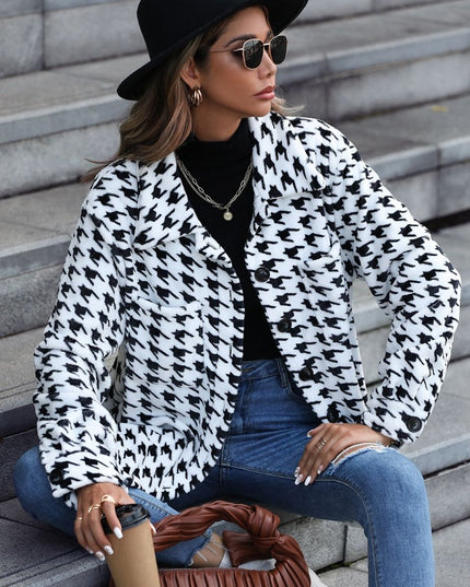 Houndstooth Button Down Jacket - Trendsi