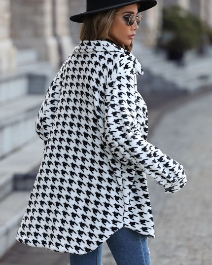 Houndstooth Button Down Jacket - Trendsi