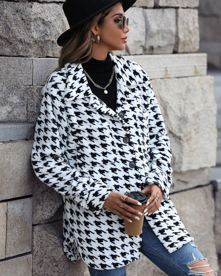 Houndstooth Button Down Jacket - Trendsi