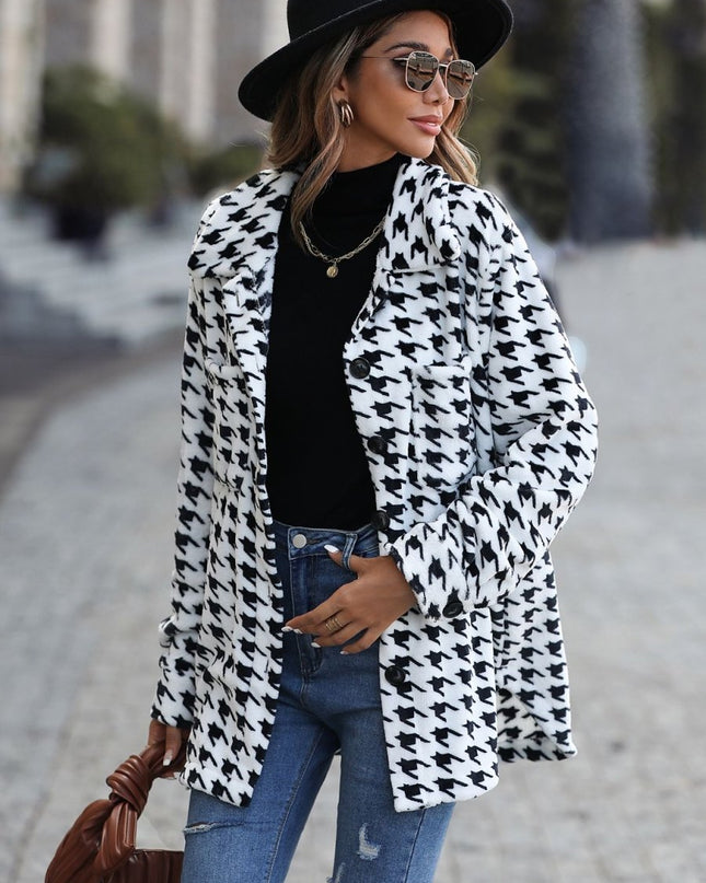 Houndstooth Button Down Jacket - Trendsi