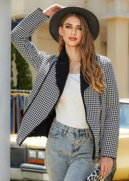 Houndstooth Open Front Long Sleeve Jacket - Trendsi