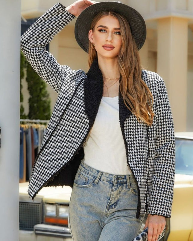 Houndstooth Open Front Long Sleeve Jacket - Trendsi