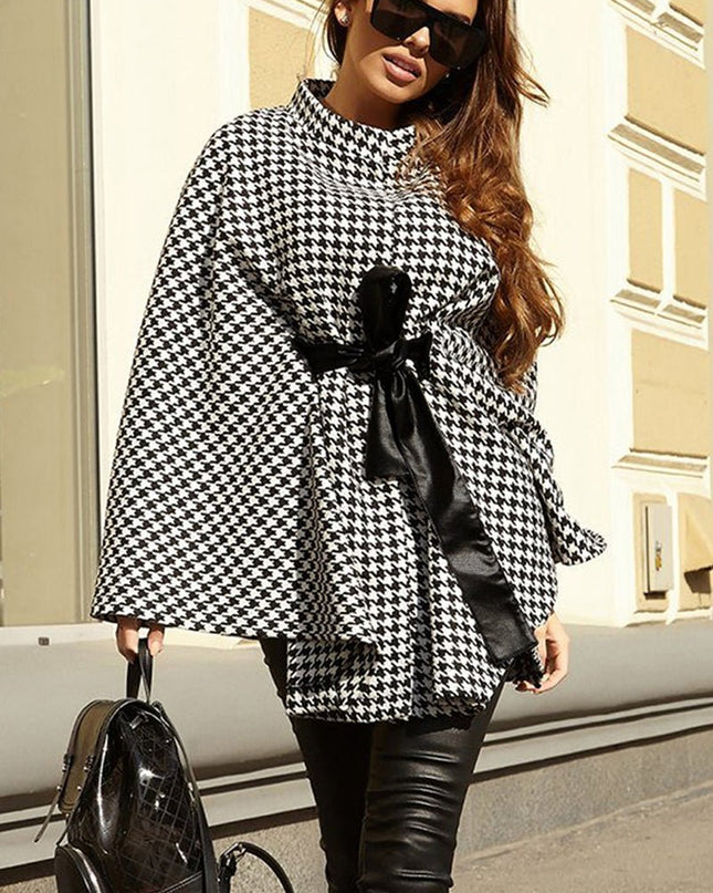 Houndstooth Tie Waist Trench Coat - Trendsi