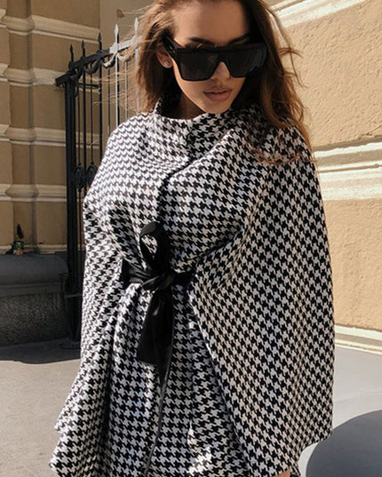 Houndstooth Tie Waist Trench Coat - Trendsi