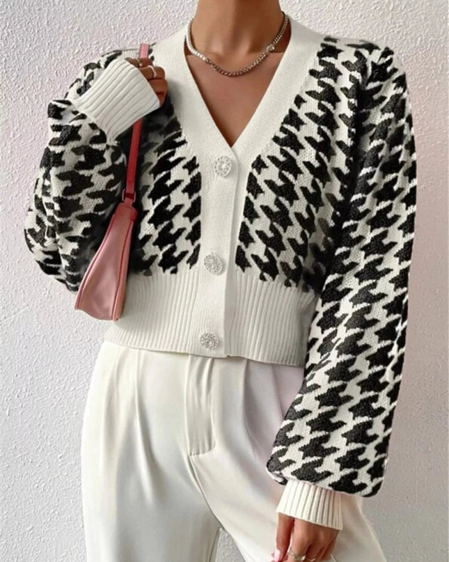 Houndstooth V - Neck Button Up Cardigan - Trendsi