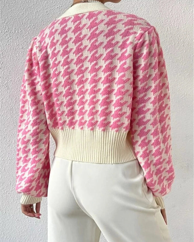 Houndstooth V - Neck Button Up Cardigan - Trendsi