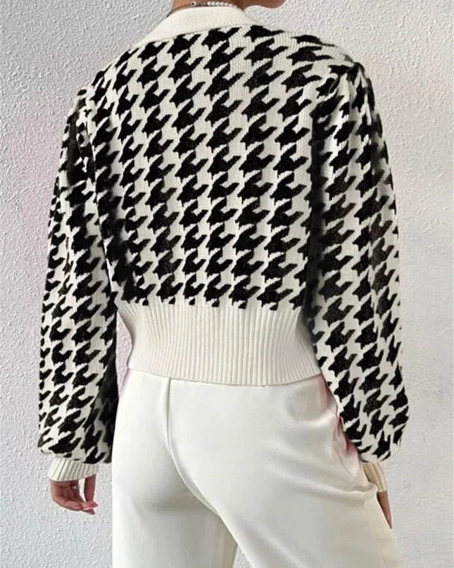 Houndstooth V - Neck Button Up Cardigan - Trendsi