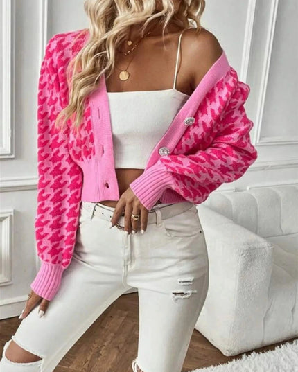 Houndstooth V - Neck Button Up Cardigan - Trendsi