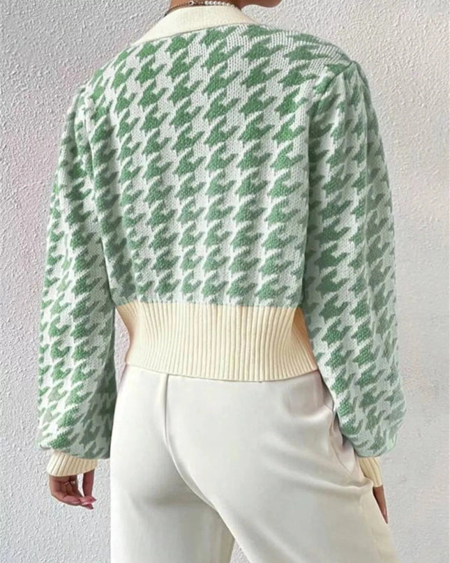 Houndstooth V - Neck Button Up Cardigan - Trendsi