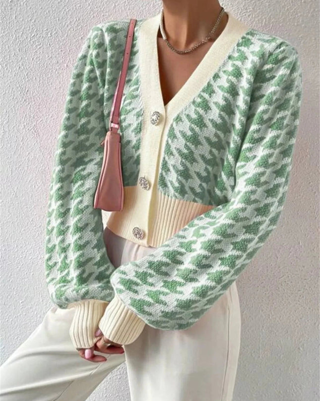 Houndstooth V - Neck Button Up Cardigan - Trendsi